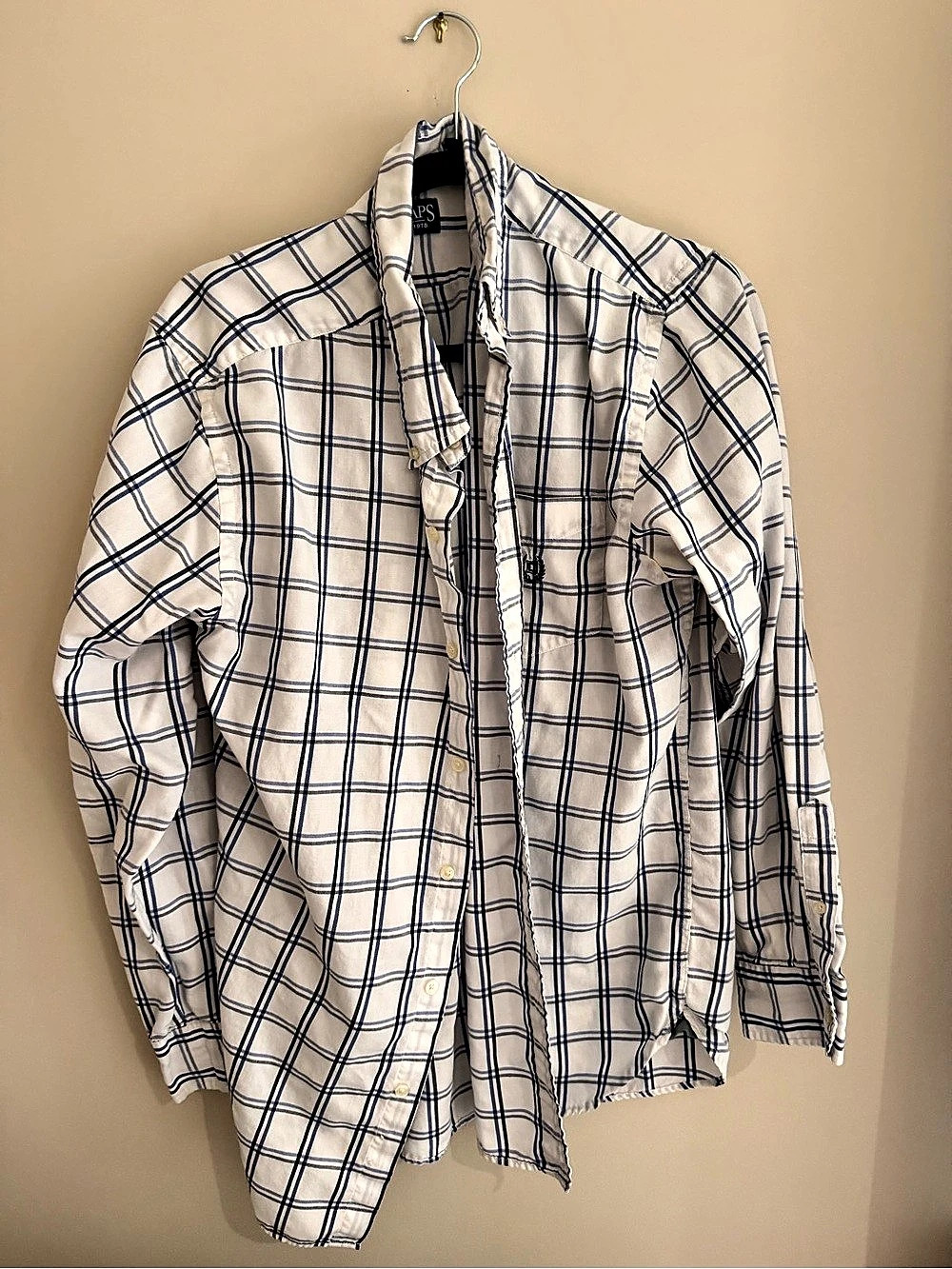 Chaps Men's Plaid Button Down Shirt in Cream & Blue